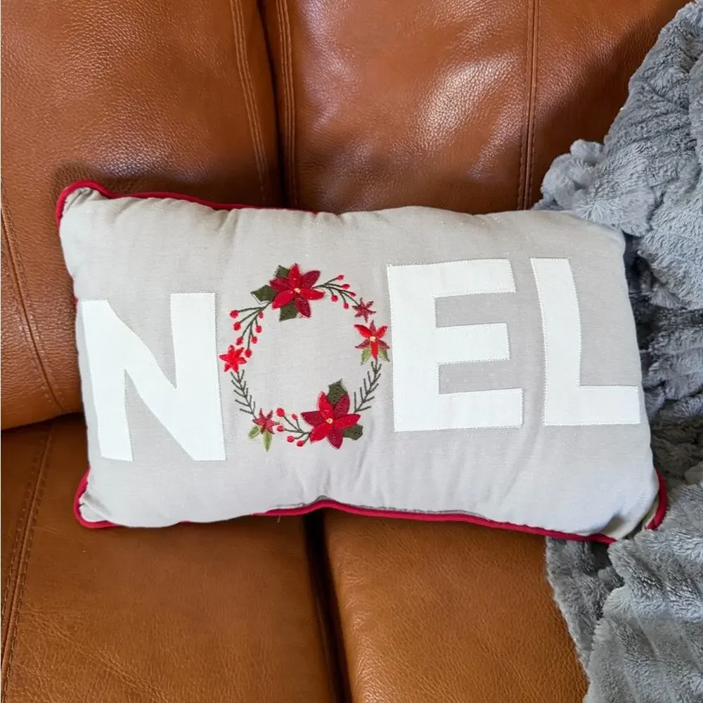 Festive Noel Holiday Pillow - grey and Red